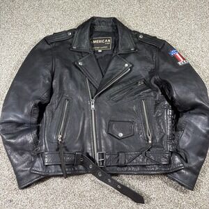 American Top Motorcycle Leather Jacket With Huge Patch Size 42 Belted Cinched